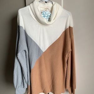 Ribbed Colorblock Cowlneck Sweater